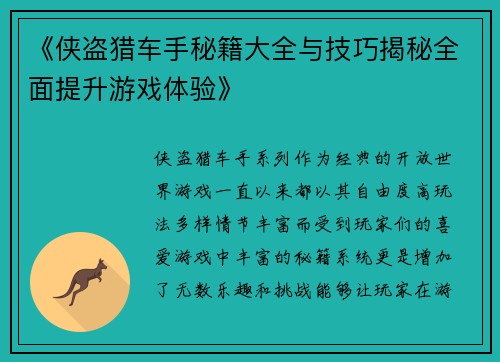 《侠盗猎车手秘籍大全与技巧揭秘全面提升游戏体验》